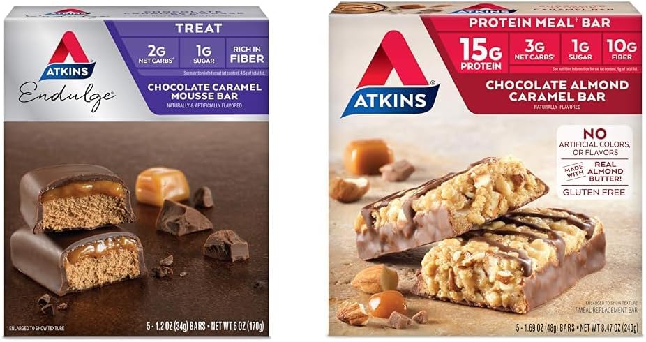 Atkins Endulge Chocolate Caramel Mousse Bar, Dessert Favorite, 1g sladkor, visoko v vlakni, 5 Count & Chocolate Almond Caramel Bar, Keto-Prijatelj, Gluten brezplačno s pravim mandljevim maslom, 5 Count (Pack of 1)