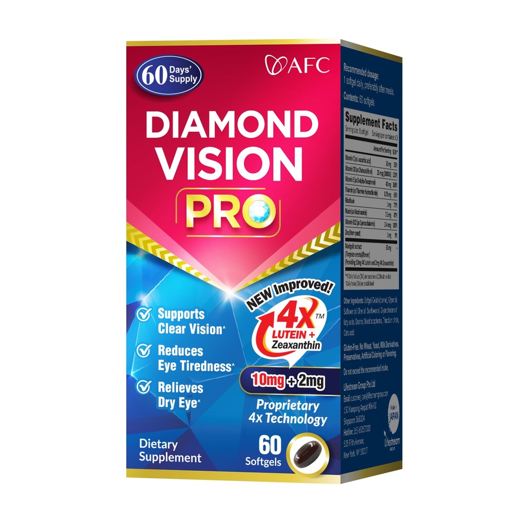 AFC Japan Diamond Vision PRO – Izboljšana, up-Sized Formula - Lutein & Zeaksantin 4X z očesnimi vitamini – Vizualni zdravstveni dodatek za odrasle, zaslon izpostavljenost, nočna uporaba, 60 Softgels