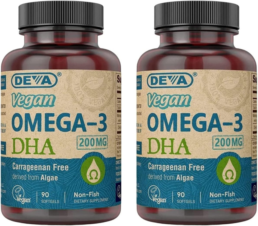 DEVA Vegan Omega-3 DHA dodatek - enkrat na dan Softgels 200 MG - Carragenan Free - želatina - neriba - Algae Oil Omega-3 Maščobne kisline - 90 Softgels (Pack po 2)