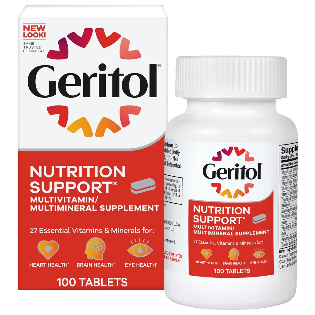 Geritol, multivitaminski dodatek, vsebuje B-vitamine, antioksidate, vitamine C, E & D in železo, 26 Esencialne vitamine in minerale, gluten-free, ne-GMO, brez umetnih sladil, 100 tablet