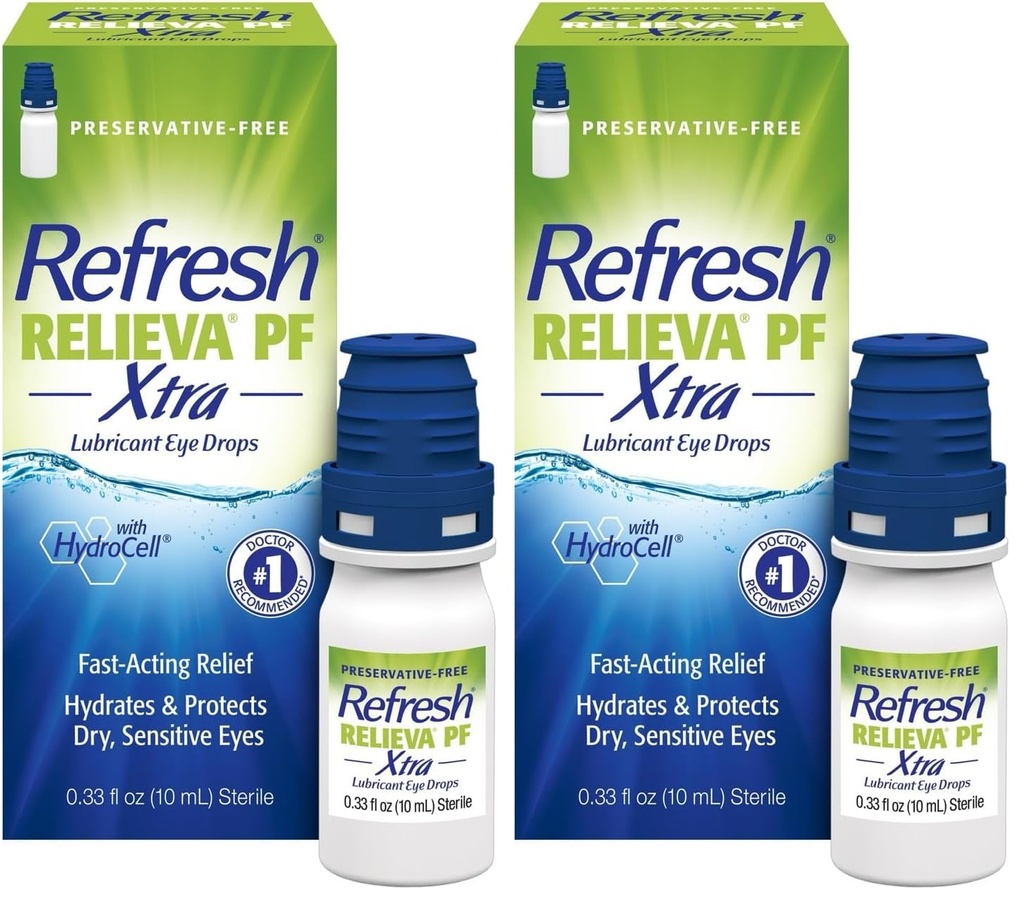 Osvežite zdravilo RELIEVA PF Xtra brez konzervansov Umetne solze Mazalne kapljice za oko, 2×0,33 fl oz (20 ml), 2 števca