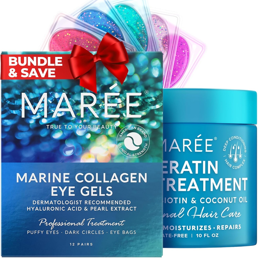 MAREE popolna lepotna rešitev - pod oči geli in lase maske, balzam - Marine Collagen, Hyaluronic Acid, Coconut Oil & Keratin - zmanjša Puffy oči in temni krogi, Hydrating Fine & Frizzy lase