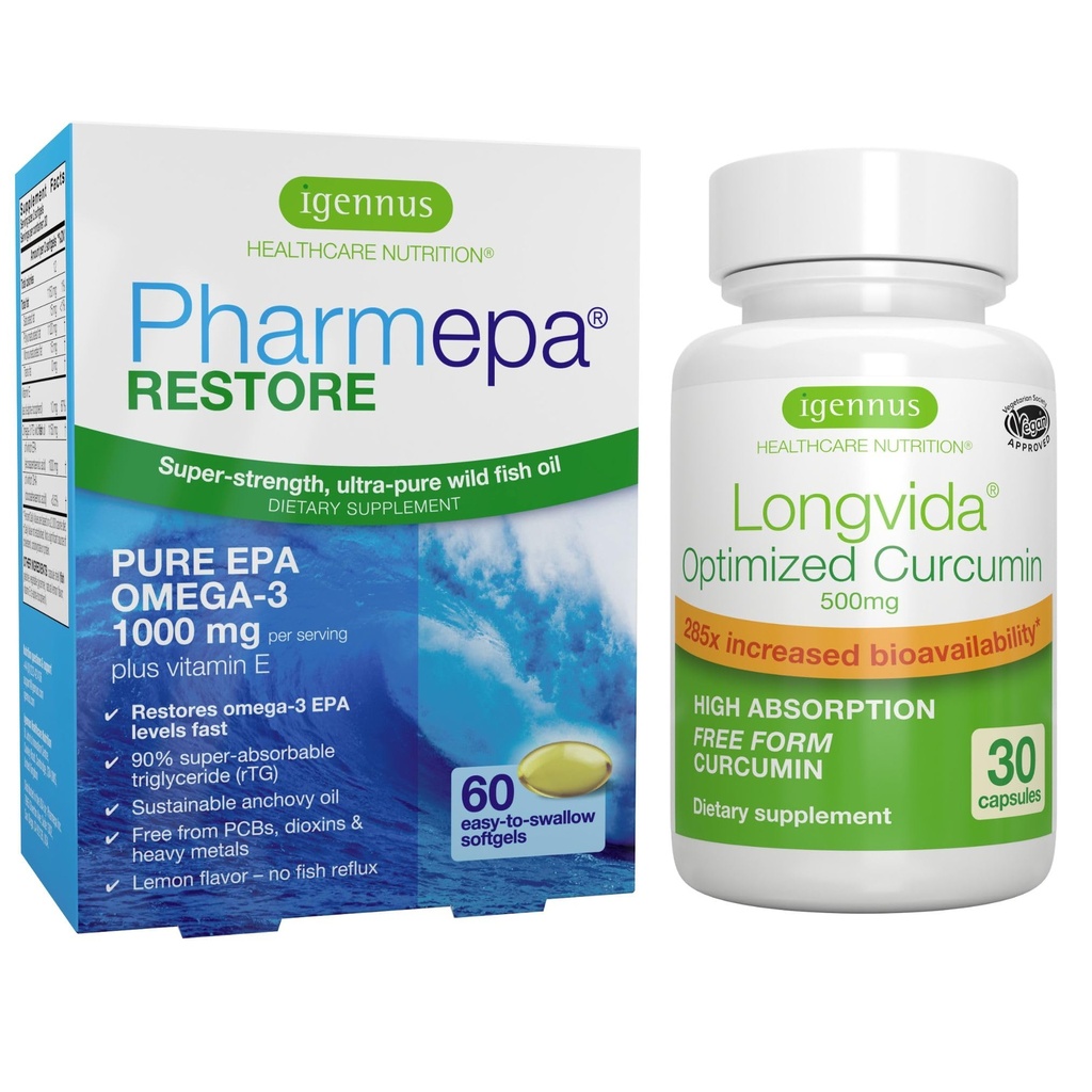 Pharmepa Restore & Longvida Lipidated Curcumin 500mg Bundle, 1000mg Pure EPA Omega-3 ribje olje & Ultra Biorazpoložljiv kurkumin, by Igennus