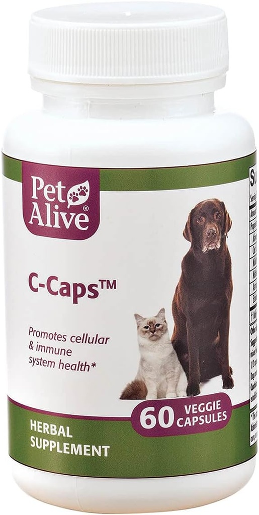 PetAlive C-Caps - vsi naravni zeliščni dodatki spodbuja celično in imunski sistem zdravje pri psih in mačkah - 60 Veggie Caps