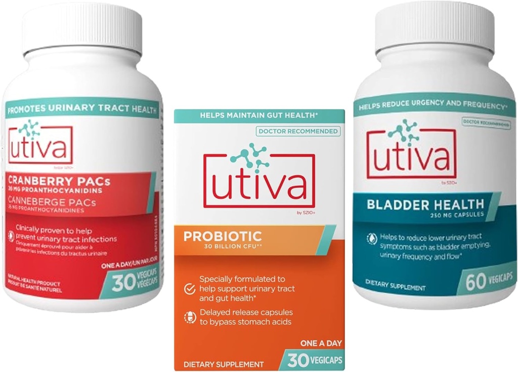 15% polnilo Utiva Cranberry PAC dopolnilo za zdravje urinarnega trakta 30 Vegi kapsula + Utiva probiotik za zdravje Gut in urinarnega trakta 30 Zapoznela sprostitev Vegi kapsula + Utiva Bladder Health 60 kapsula