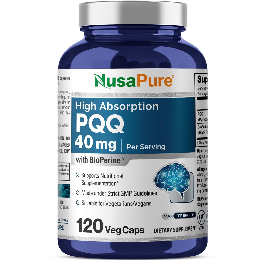 NusaPure PQQ dodatek 40 mg, 120 Veggie kapsule, ne-GMO, pirolokinolin kinon natrijeva sol, biperin