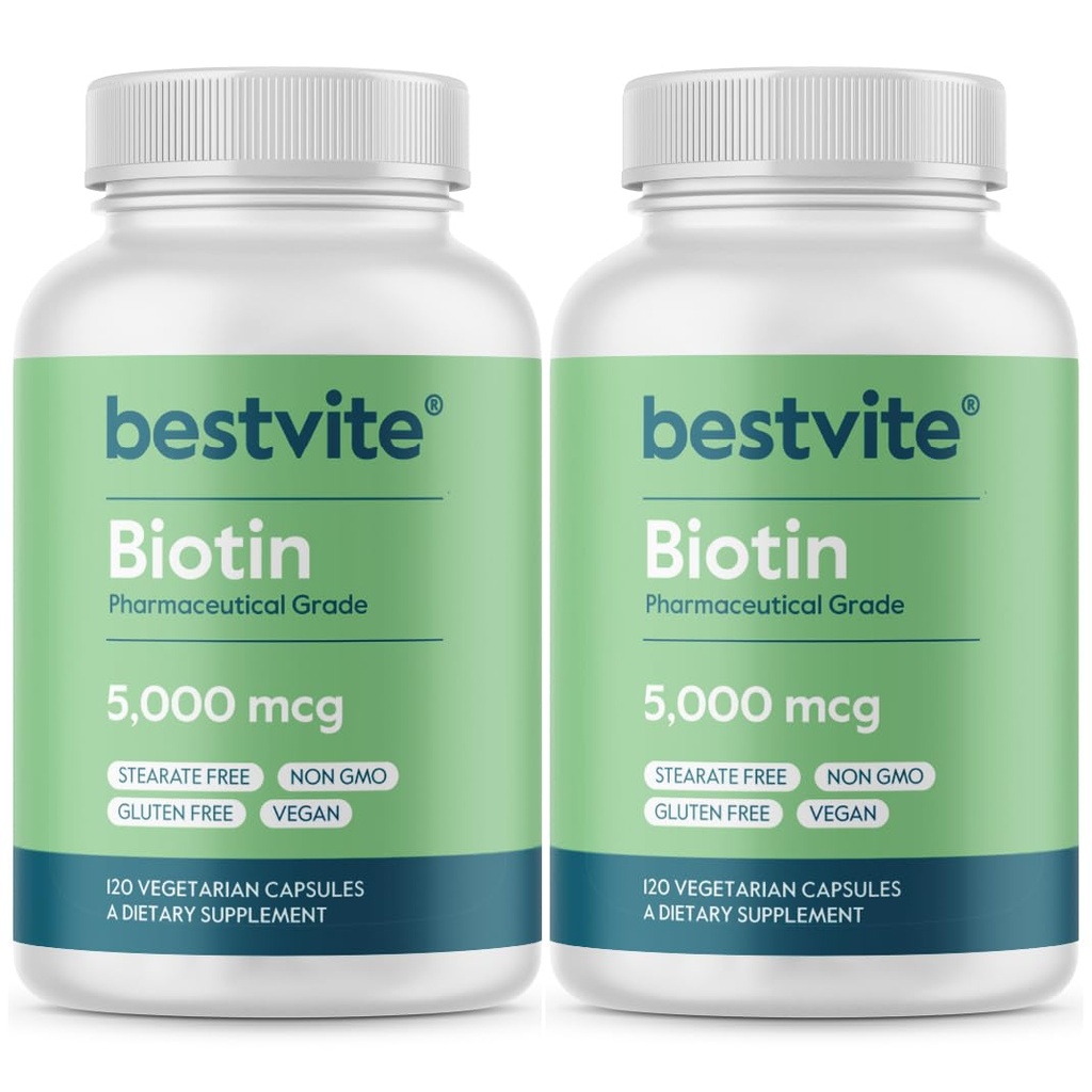 BESTVITE Biotin 5000mcg (240 vegetarijanskih kapsul) (120 x 2) - brez stearatov - brez agentov za pretok - Vegan - brez GSO - brez glutena - brez las, kože, nohtov
