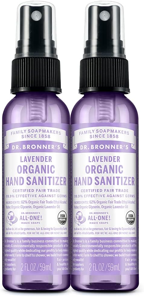 Dr. Bronner's - Organski Sanitizator Spray (Lavender, 2 Ounce, 2-Pack) - Enostavna in učinkovita Formula, Čistila & Sanitizes, Brez Harsh Chemicals, Vlažilne in Čistilne roke