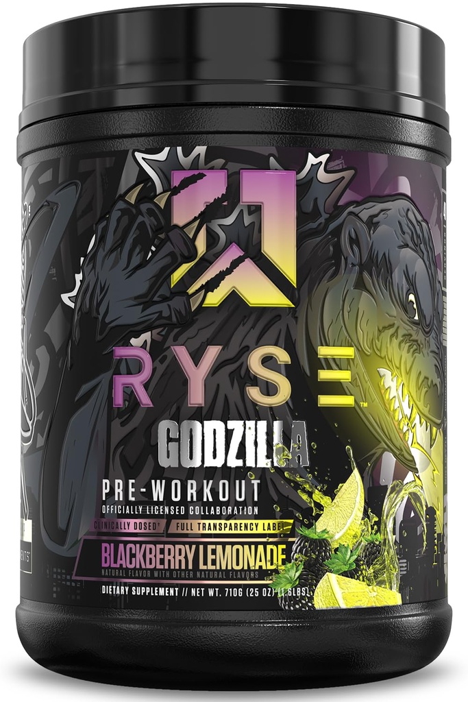 RYSE Godzilla X Noel Deyzel Pre Workout Powder - BlackBerry Lemonade - 400mg kofein, visoko Stim Pred-workout za moške in ženske s citrulin & Beta Alanine - Energy, Pump & Focus - 20/40 Servinges