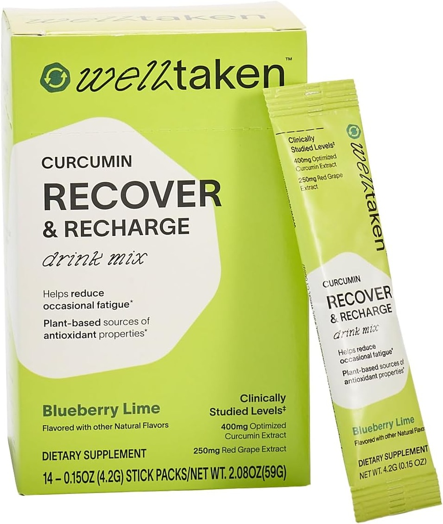 Turmeric Curcumin Recover v prahu - borovničev apno, 14ct Box - 400mg Optimiziran kurkumin, Granatno jabolko, rdeče grozdje - pomaga zmanjšati občasno utrujenost – Vegan, 14 Servinges