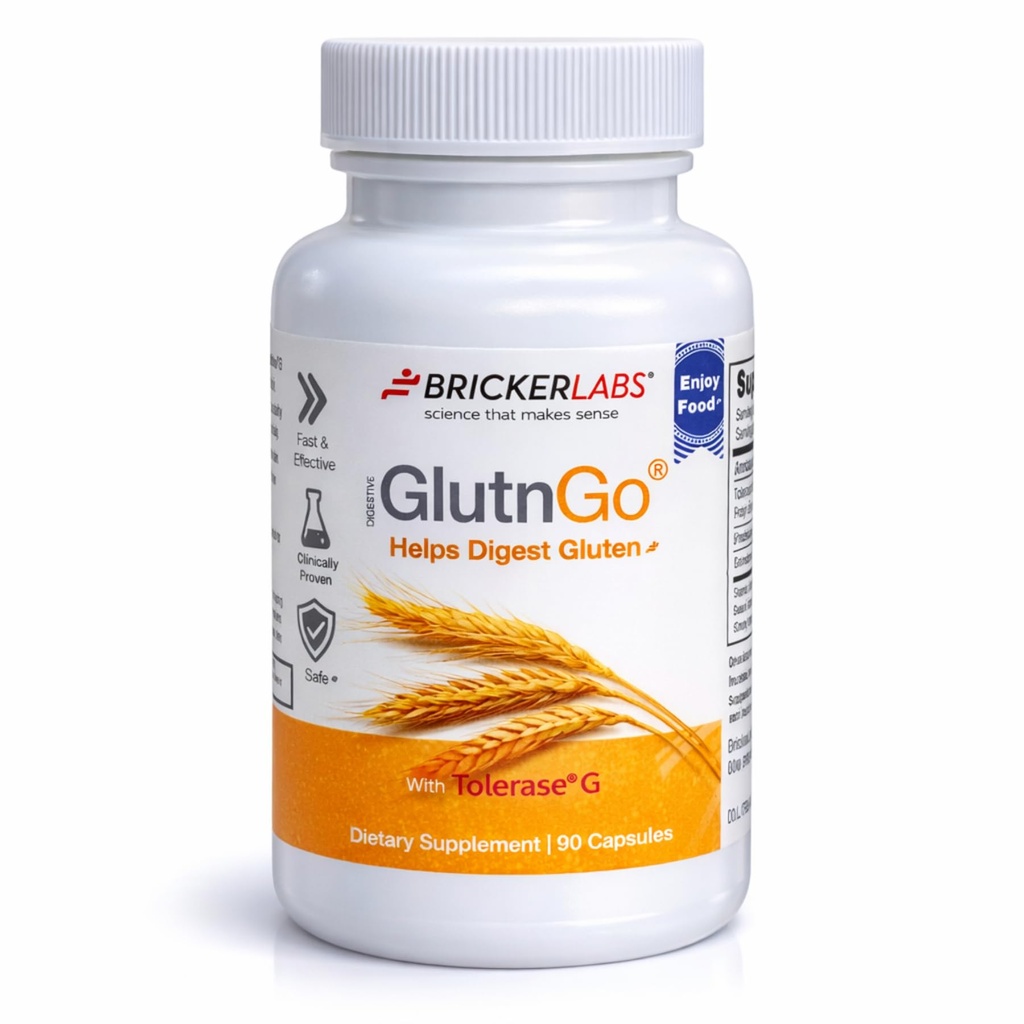 Bricker Labs GlutnGo s tolerazo G 100mg Prebavni dodatek za gluten nestrpnost, klinično dokazano, da pomaga prebavni Gluten, hitro, učinkovito in varno prebavni pomoč, 90 kapsul