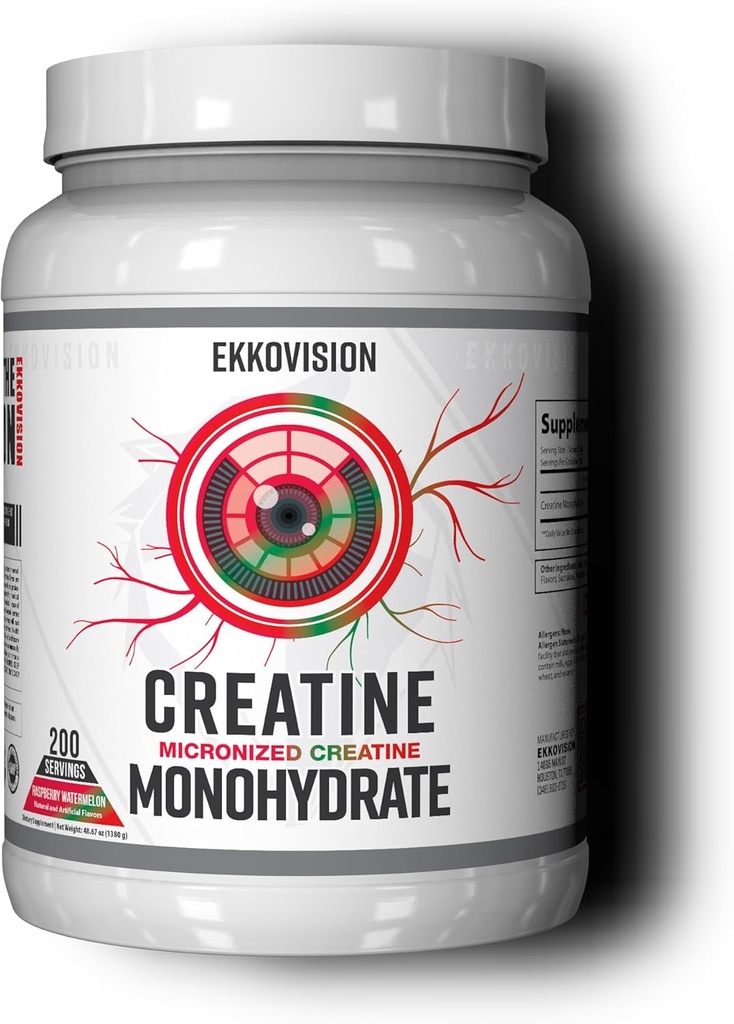 Ekkovision Kreatin Monohidrat v prahu, Micronized, Raspberry Watermelon, Pred & Post Wordout dodatek za moške in ženske, Energetska podpora, Enostaven za mešanje v Shakes, Smoothies & Piverages, 200 Servinges