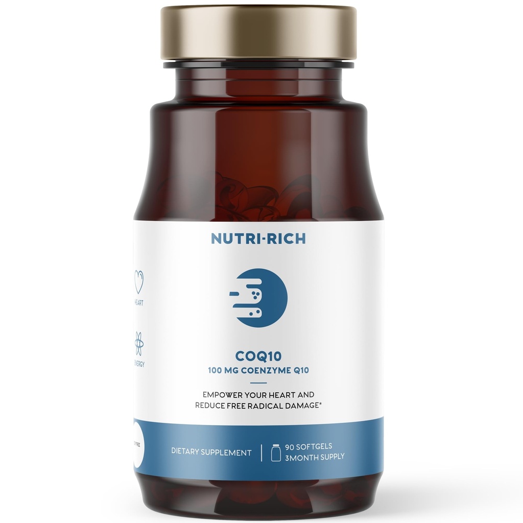 Nutri-Rich CoQ10 Softgels, koencim Q10 Ubikinon za srce in energijo, Statin Uporaba in celično zdravje, tretja stranka testirana, GMP kakovost, brez umetnih dodatkov, brez soje, Gluten prost, 90 Število