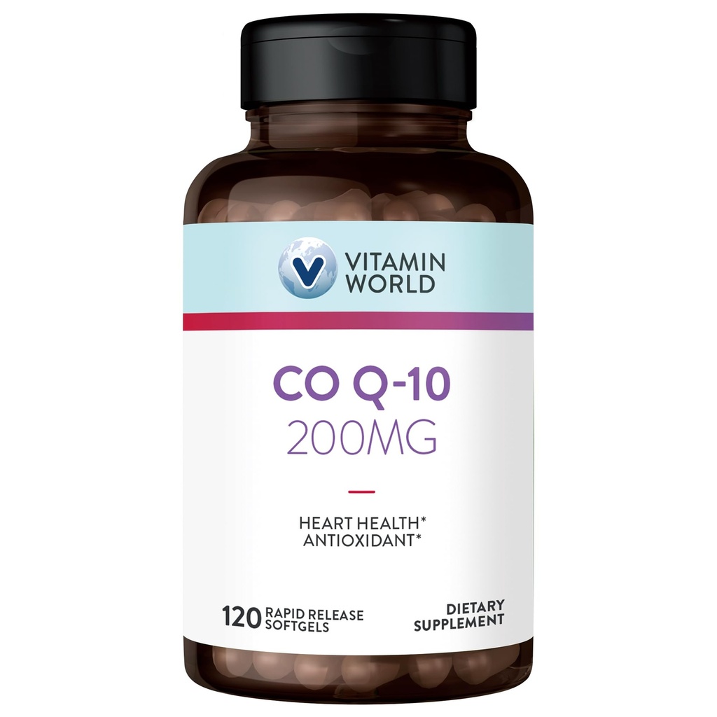 Vitamin World CoQ10 200 mg softgels, koencim Q10 dopolnila za antioksidant podporo, zdravje in proizvodnja energije srca, Gluten brezplačno, 120 hitro sproščanje softgels