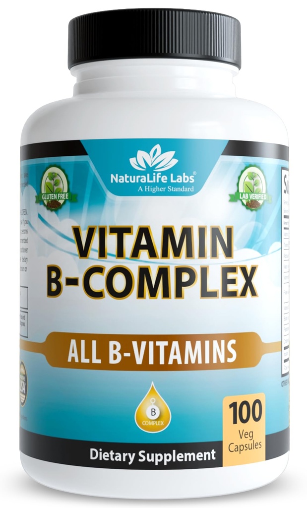 NaturaLife Labs Vitamin B-kompleks z vitaminom C in folno kislino – vključuje B1, B2, B3, B5, B6, B7, B9 in B12 – 100 kapsul, veganskih, ne-GMO, brez glutena