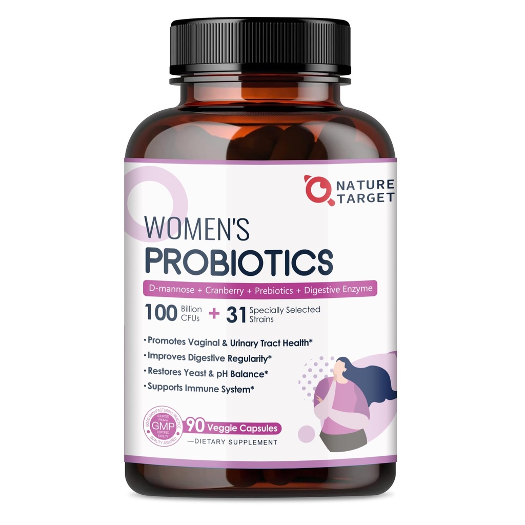 NATURE CILJni probiotiki za ženske, 100 milijard CFUs Probiotik s prebavnimi encimi in prebiotiki, vaginalni probiotiki z brusnicami za zdravje sečil, pH ravnovesje, 90 Veggie kapsule