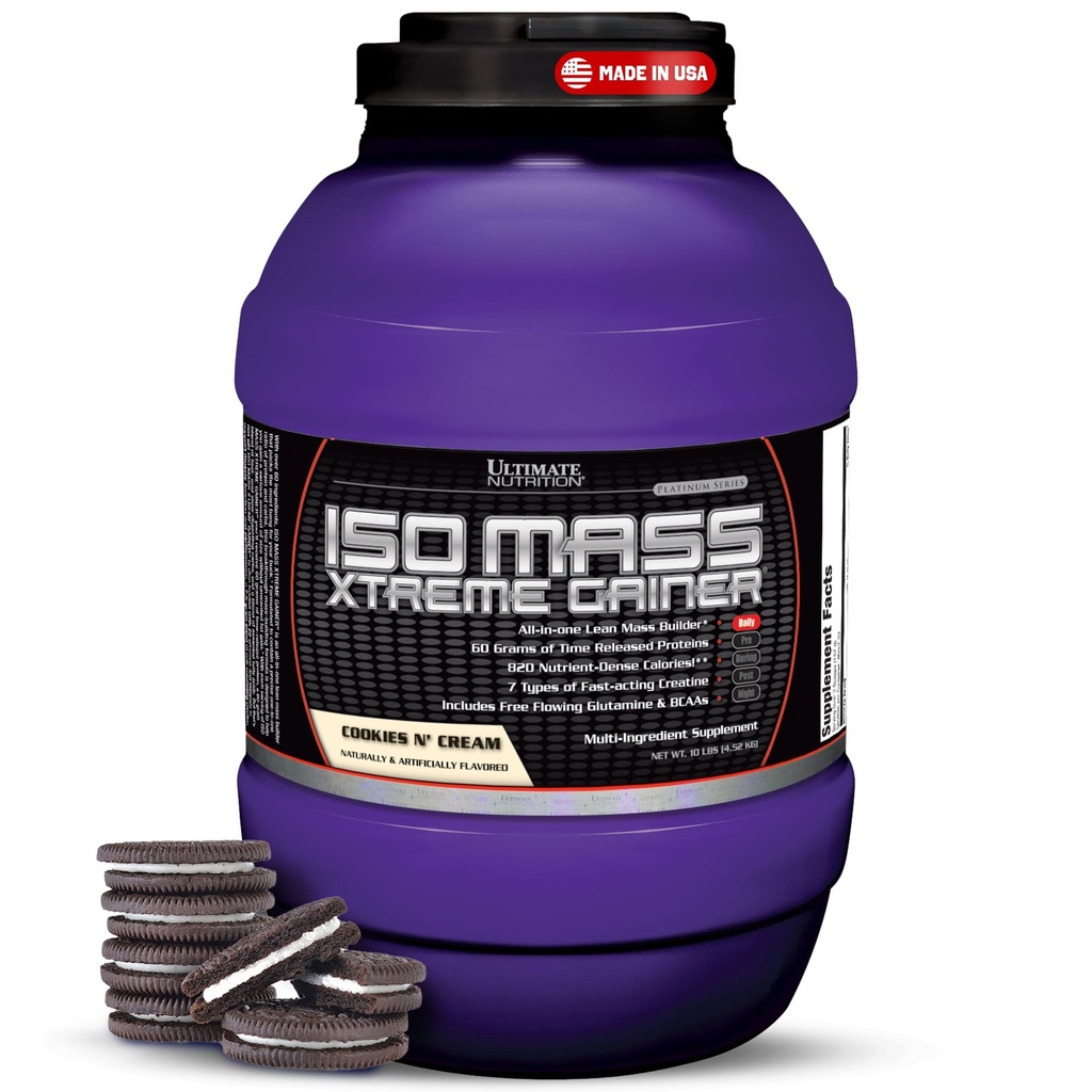 Ultimate Nutrition ISO Mass Xtreme Gainer - High-Calorie Mass Gainer s kreatinom & sirotkinim izolatom beljakovin v prahu za pridobivanje telesne teže, Lean Muscle Mass, Bulk dodatek - Piškotki N krema, 10 kg