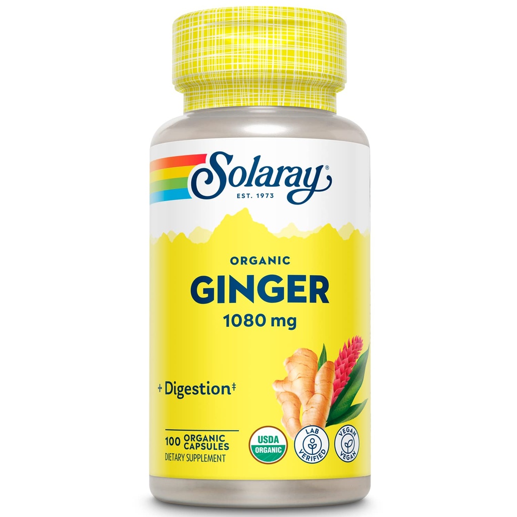 SOLARAY Organic Ginger 1080 mg - Organski Ginger dopolnila - Olajša slabost in bruhanje, povezano z gibanjem Bolezen, Podpira skupno zdravje - Vegan, Non Drowsy, 60-dnevno garancijo, 50 Sluge