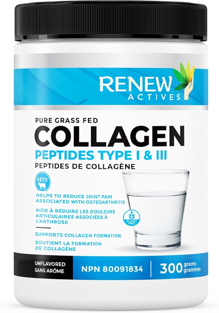 Renew Actives Hydrolyzed Kolagen Peptides Powder 10G na serviranje – Premium travnato-fed kolagen za kožo, sklepov in las – 9.4g beljakovine – podpira kolagen formacijo in okrevanje mišic – Made in Canada