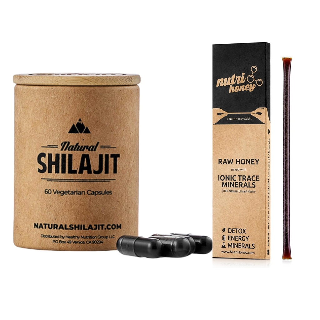 Naravne Shilajit kapsule (1-2 meseca dobave) - 60 Count & Shilajit Medene palice - Naravni Shilajit Resin mešano z surovim medom (7 palice)