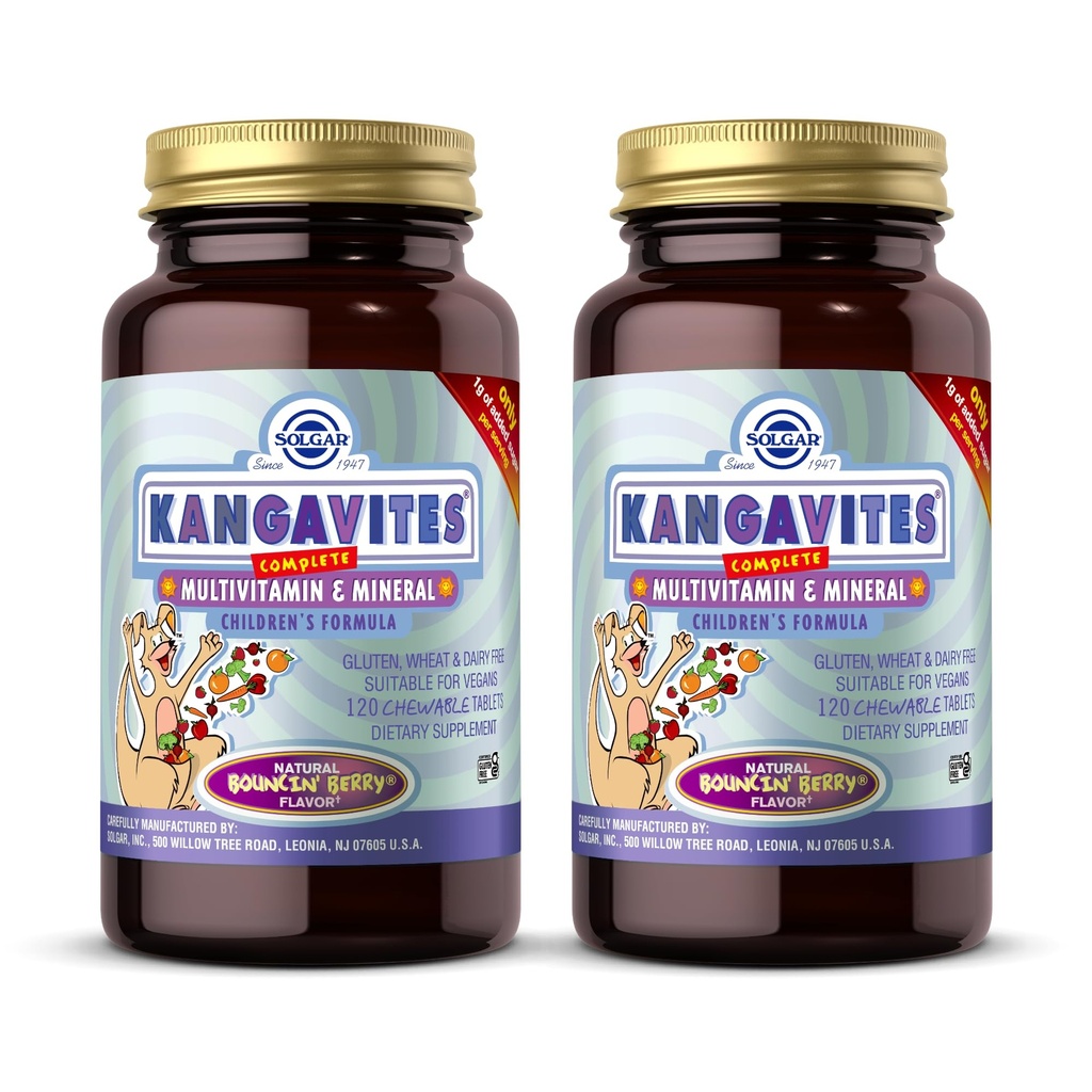 Solgar Kangavites, Bouncin’ Berry Flavor - 120 žvečljivih tablet, pakiranje po 2 - popolni multivitaminski in mineralni formula za otroke - Vegan, Gluten Free