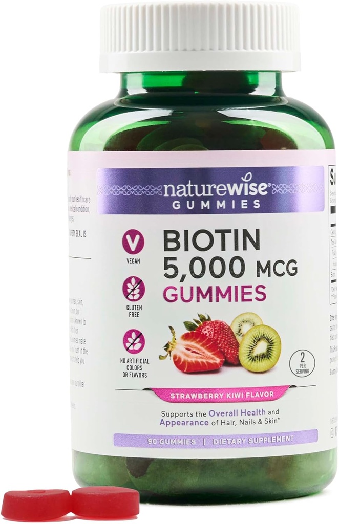 NatureWise Biotin Gumies - Podpira zdrave lase, kožo in močne nohte - Vitamin B7 5000mcg - Naravna lepota - Jagoda-Kiwi Flavor - Vegan, Non-GMO, Gluten Free - 90 Count[45 Day Supply]