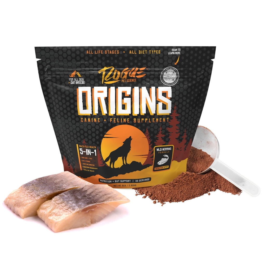 ROGUE PET ZNANOST Izvori 5-v-1 Dog Supplement - v prahu hrana Topper w/Naravna Omega 3 ribje olje - Podpira zdravo prebavo, kožo in plašč - pomaga zmanjšati srbenje in skupno vnetje (2 lbs)