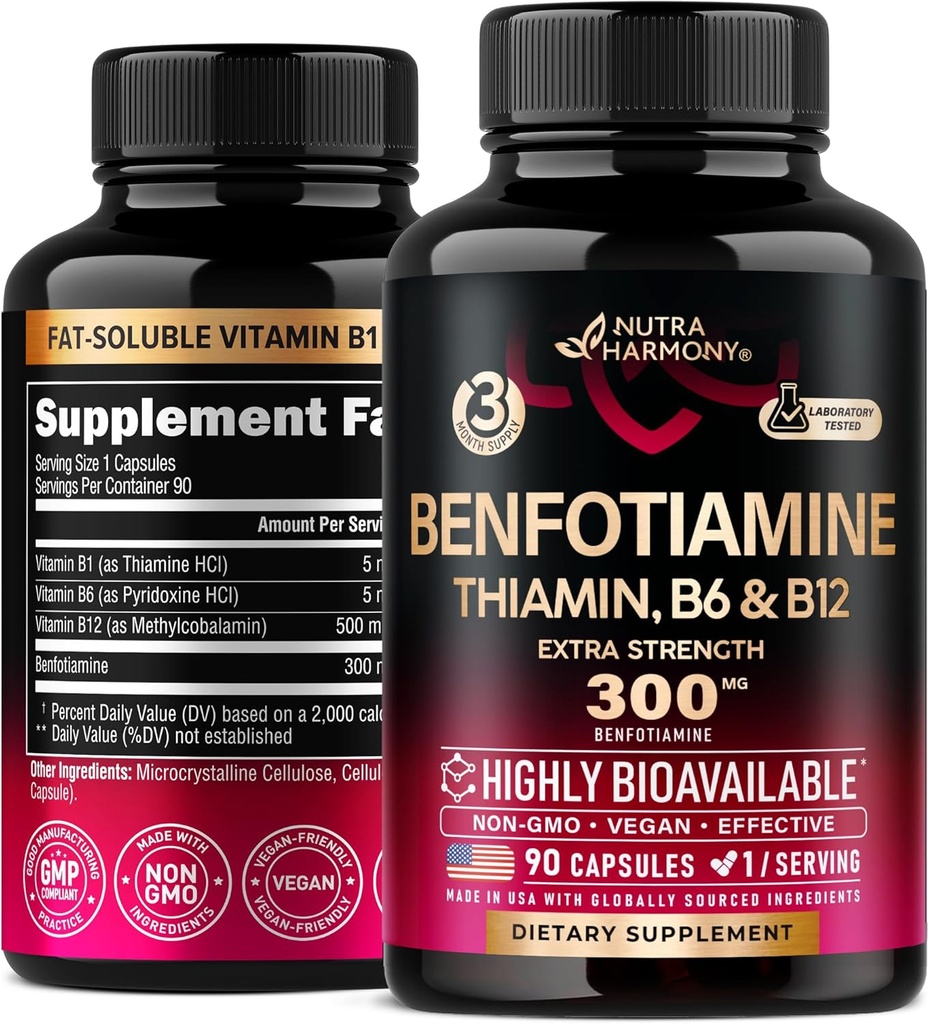 Benfotiamin 300 mg - Živčna podpora, energetika in presnova - Benfotiamin dodatek maščobne soli vitamin B1 - zelo biorazpoložljiv in absorbenten - s tiaminom, vitaminom B12 in B6 - 90 kapsul
