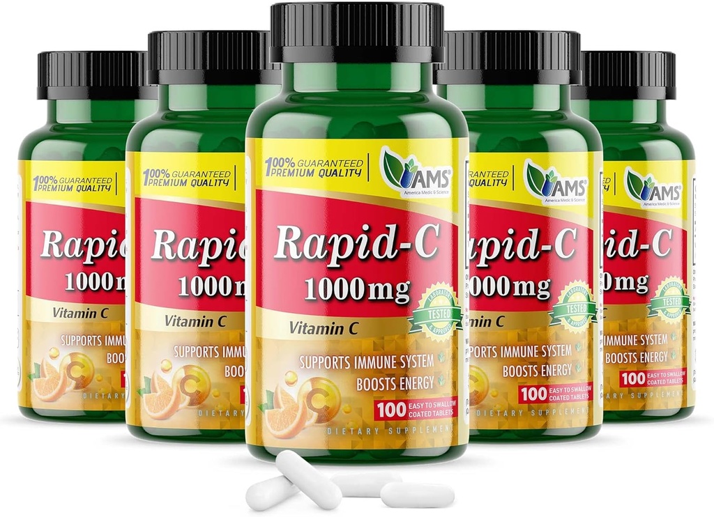 America Medic & Science Rapid-C 1000mg Vitamin C dodatek (5 Paket 100 tablet) Energy Booster, Daily Immune System Support, Antioksidant 