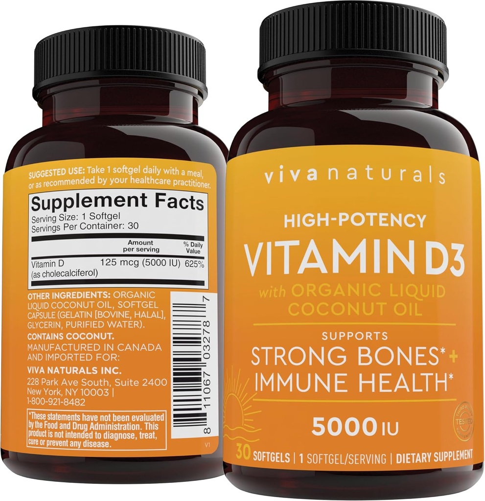 D3 Vitamin 5000 i.e. softgels (125 μg), 30 softgels - visoko jakost vitamina D dopolnila za zdravo imuno funkcijo, kosti in mišice - izdelan z organskim tekočim kokosovim oljem