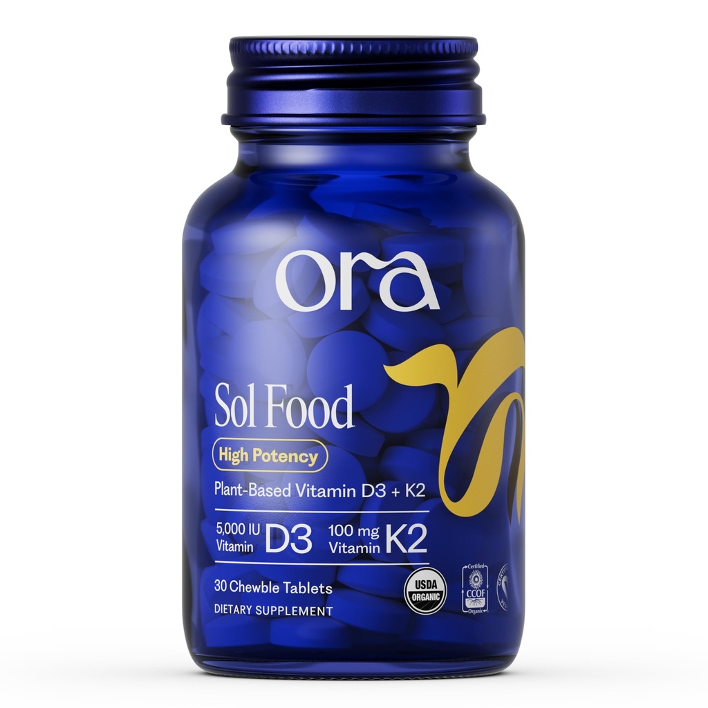 Ora organski vitamin D3 5000IU + K2 - Veganski vitamin D iz Lichen in K2 iz Chickpeas za zdravje kosti, imunske podpore, & razpoloženja, največja absorpcija - 1 mesec dobava, 30 žvečljive tablete