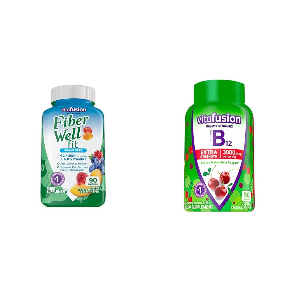 Vitafusion Fiber Well Fit Gummies Supplement, 90 Count (Packaging May Vary) & Dodatna moč Vitamin B12 Gummy Vitamini za energijo Presnovna podpora