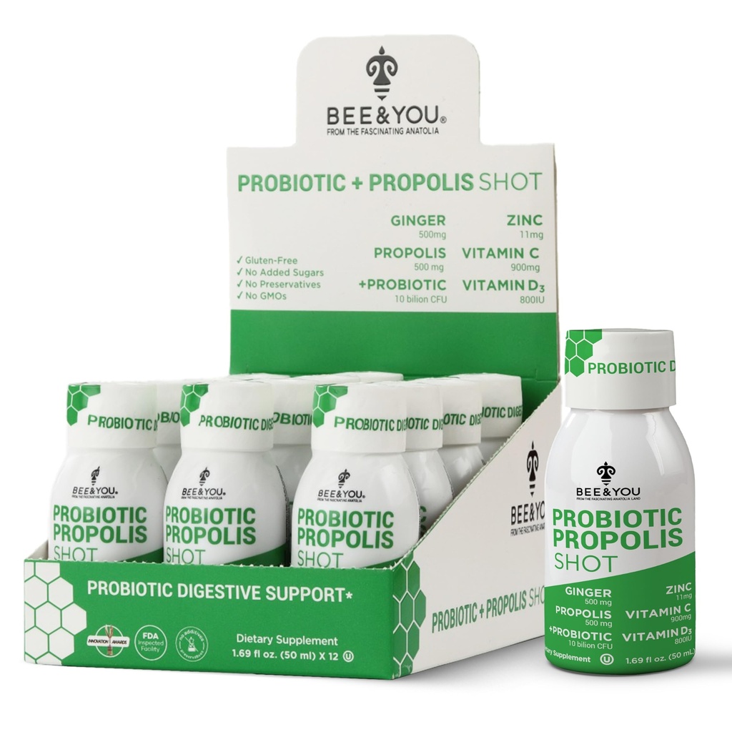 Čebela in vi Propolis Imune Shot, Probiotic, Vitamin C, Vitamin D3, Cink, Ginger, Imunska podpora, Gut Health, Prebavno zdravje, Bioactive 1,69 Fl. oz, 12 Pack