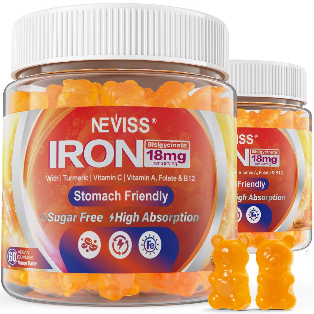 Veganski železovi žvečilni gumiji dodatek z vitaminom C, B12, Folat & Kurkuma - Energija & Imuno zdravje 
