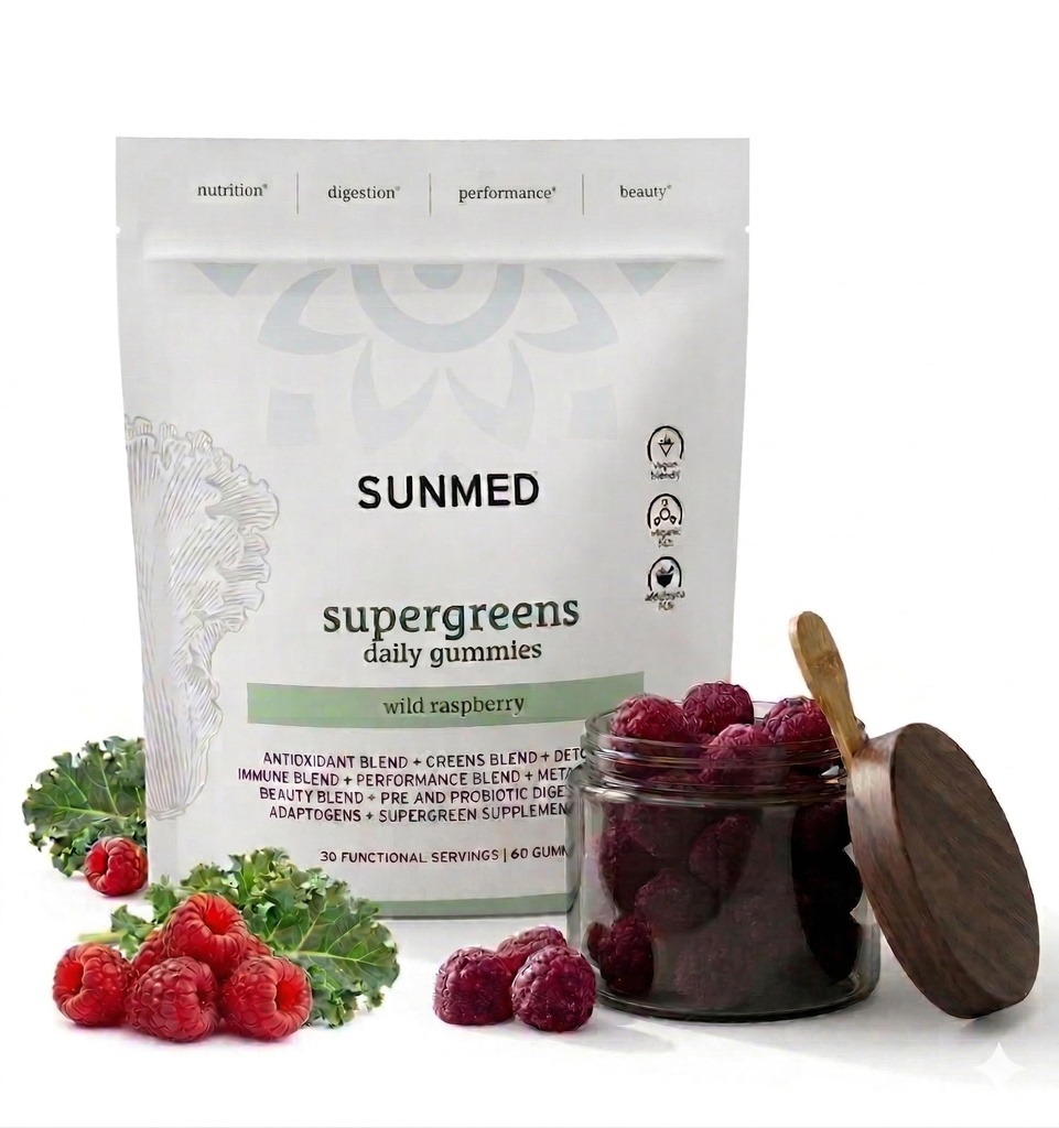 SUNMED Superzeleni Daily Gummies – Wellness Mešanica z Ashwagandha, Zeleni čaj, Spirulina, Probiotiki, Antioksidanti & Detox Podpora za imuniteto, Gut, Skin & Brain Health 