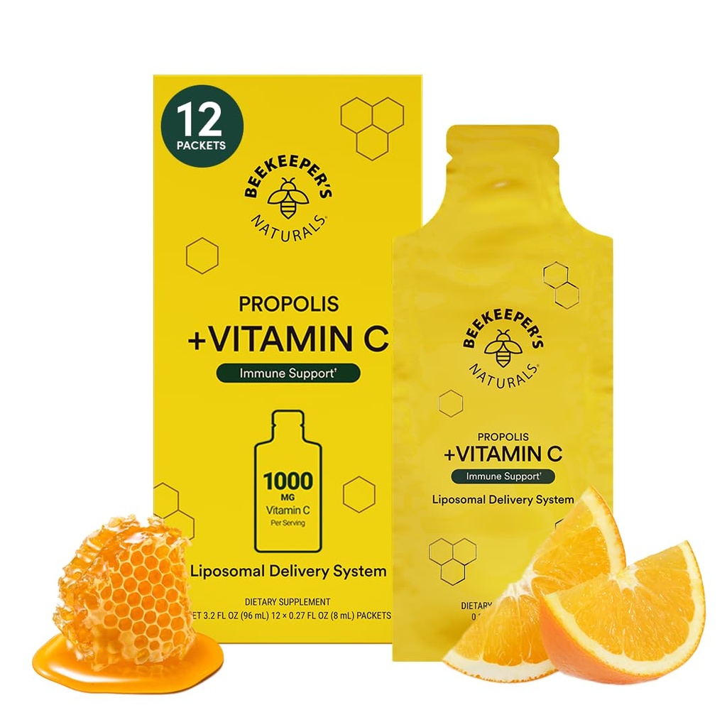 Propolis Liposomski vitamin C po naravni čebelar's, 1000mg Vitamin C, Propolis & Organski med, superpolnjena imunosupresivna podpora in povečana bioavalibnost za maksimalno absorpcijo, 12 Ct