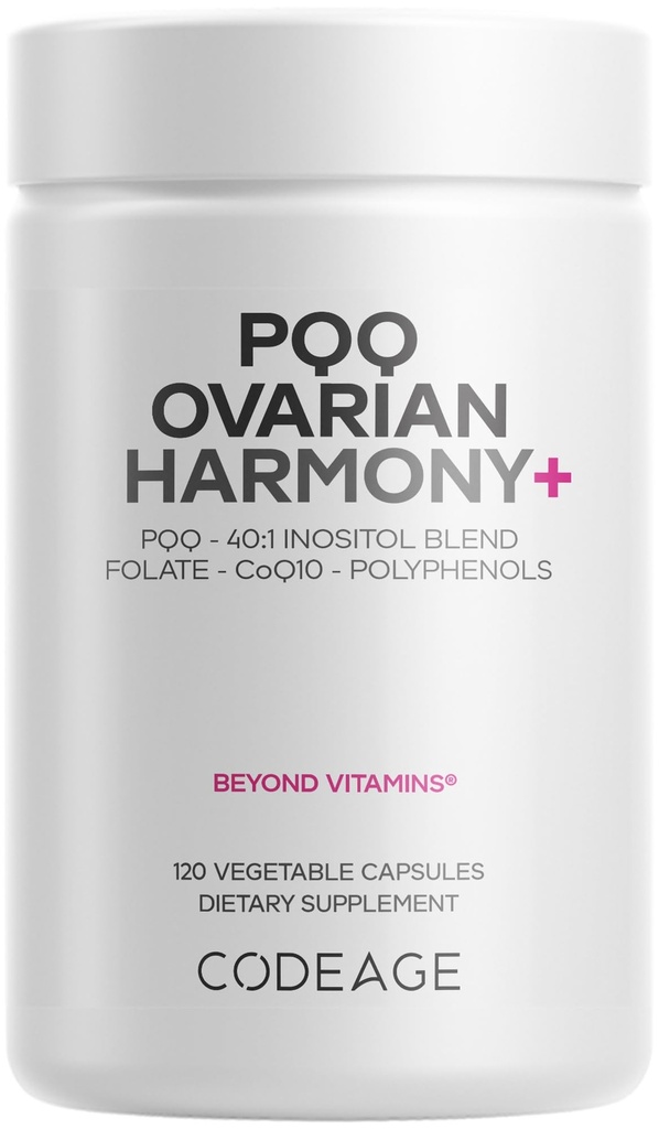 Šifra PQQ Ovarian Harmony+ dodatek - PQQ (Pyrrolokinolin kinon), Myo-Inositol & D-Chiro-Inositol 40:1 Mešanica, Folate 5-MTHF, CoQ10, Wild Blueberry - Liposomska dostava - ne-GMO - 120 kapsul