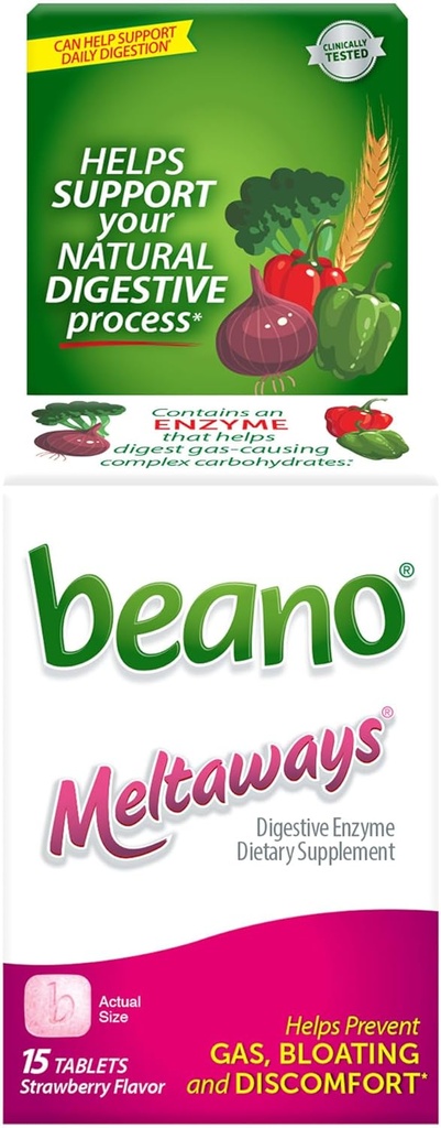 Beano Meltaways, Preventiva plina in Prebavne Enzyme dodatek, Jagodna aroma, 15 Število