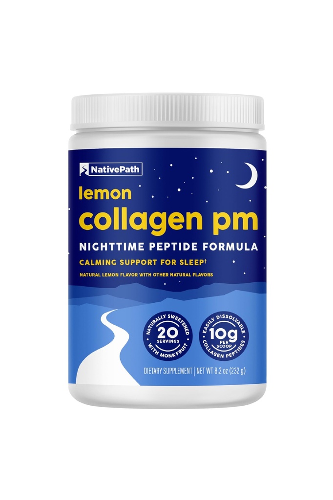 NativePath Collagen PM - Lemon nočni kolagen peptidi v prahu z magnezijem, GABA, L-teanin in melatonin - 20 servingov
