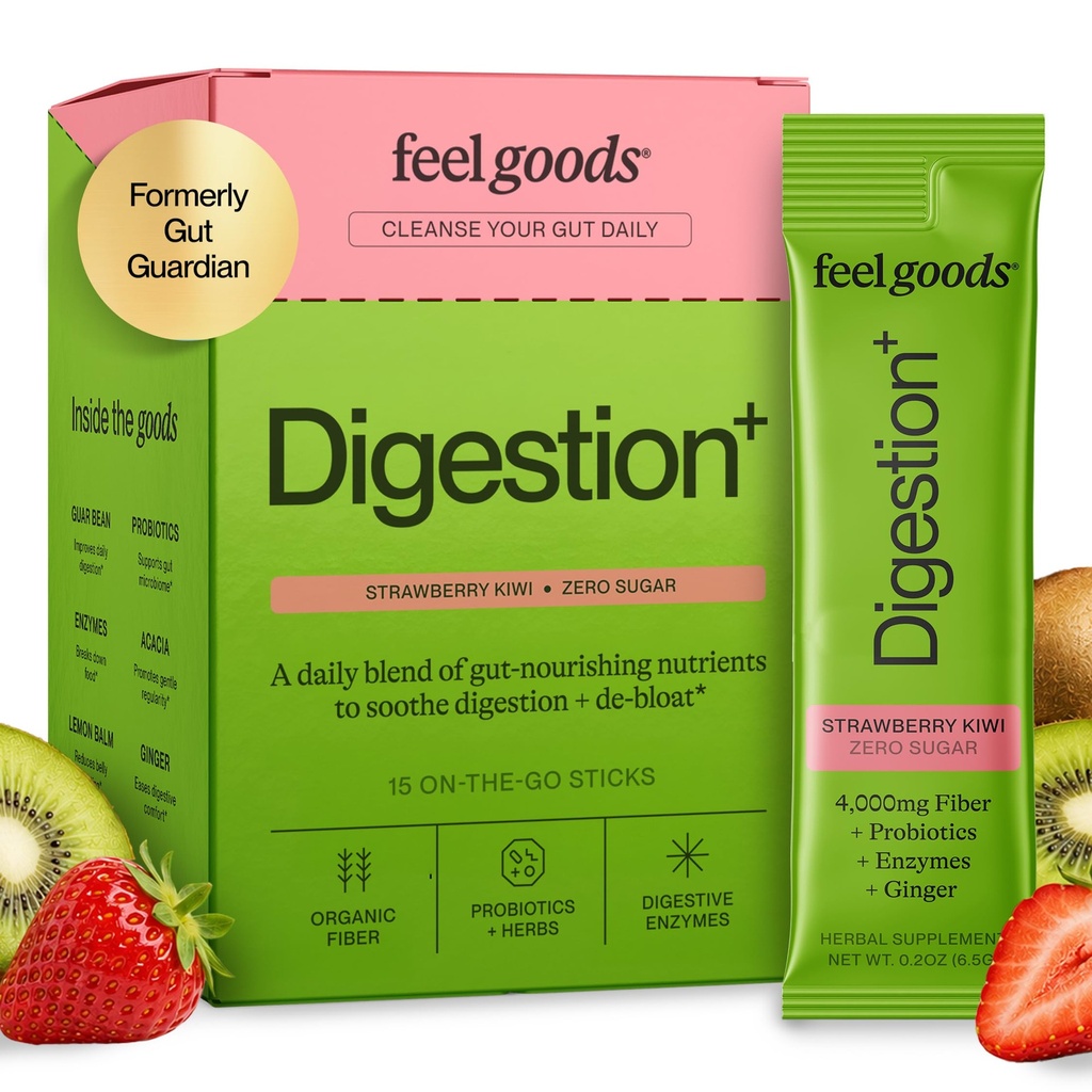 Feel Goods Gut Guardian, Organic Fiber, Probiotic & Prebiotic Powder, Sugar Free, Zelišča za Bloat, Gut Health Support, Prebavno zdravje za moške in ženske, Non GMOS, Vegan, Jagoda Kiwi, 15 Count