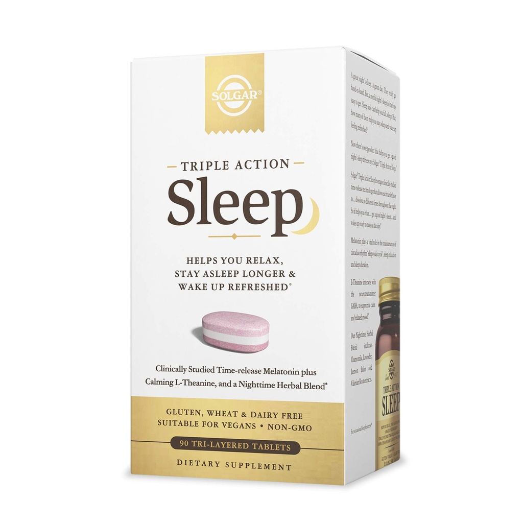 Solgar Triple Action Sleep, 90 Tri-Layer Tablets - Time-Release Melatonin & L-Theanine Plus Zeliščna mešanica - Pomaga vam sprostiti - Non-GMO, Gluten Free - 90 Servings