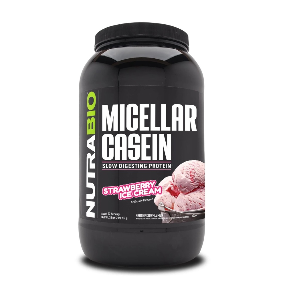NutraBio Kazein Protein Powder, Micellar Casien Powder, 25g Počasne Prebavne beljakovine, pomaga vas polno, čez noč okrevanje in rast mišic, BCAA & EAA, Gluten Free, Soy Free, 2lb Jagodna sladoledna krema