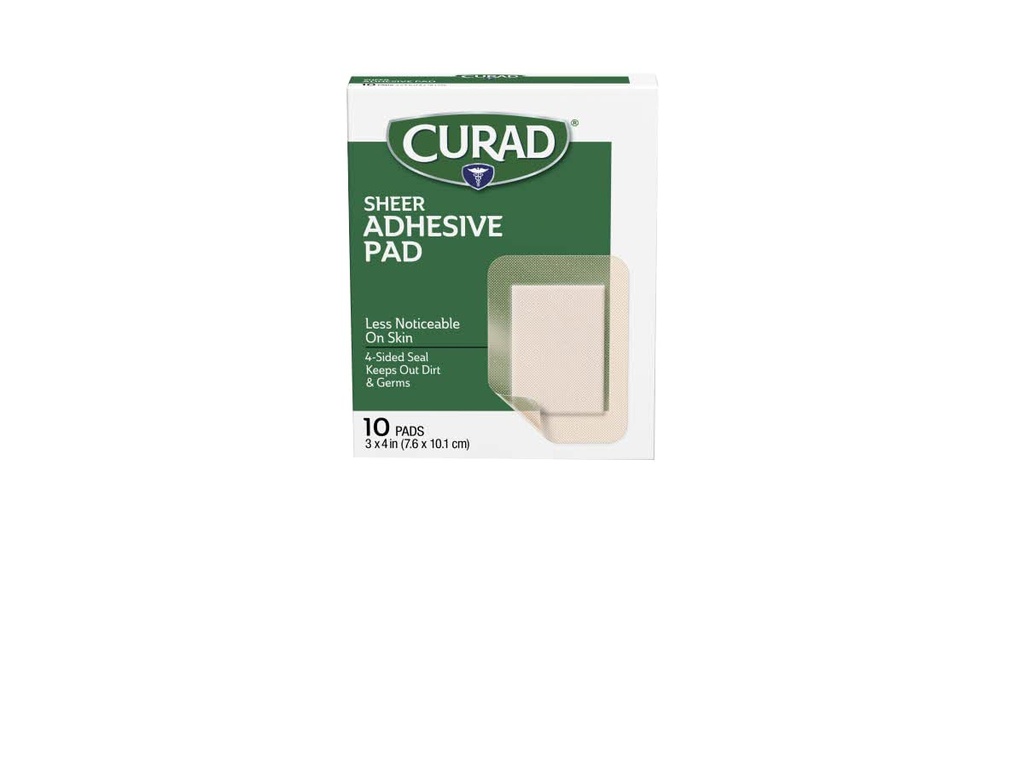 CURAD Sheer Adhesive Bandages, 4-Sided Seal, Absorbent Pad, 3" x 4", Napredna skrb za rane, 10 Število, paket 24