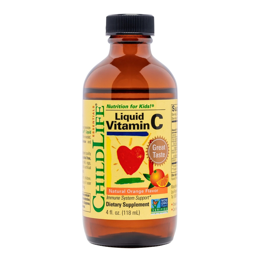 CHILDLIFE ESSENTIALS Tekoči vitamin C - Pure Vitamin C Tekoči dodatek za otroke, Podpora imunskega sistema, odličen okus - naravna pomaranča, 4 Fl Oz (Pack of 1)