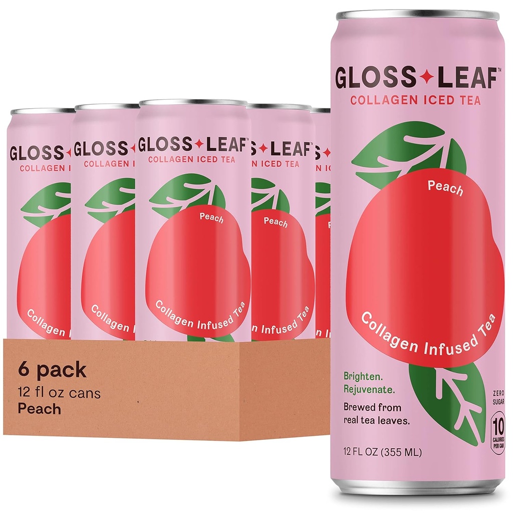 Gloss Leaf Kolagen ledeni čaj (Zero-Sugar, Peach): Zamašen črni čaj s kolagen peptidi beljakovine & vitamin C, Lepota & Anti-Aging, 12 Fl Oz, 6 Pack