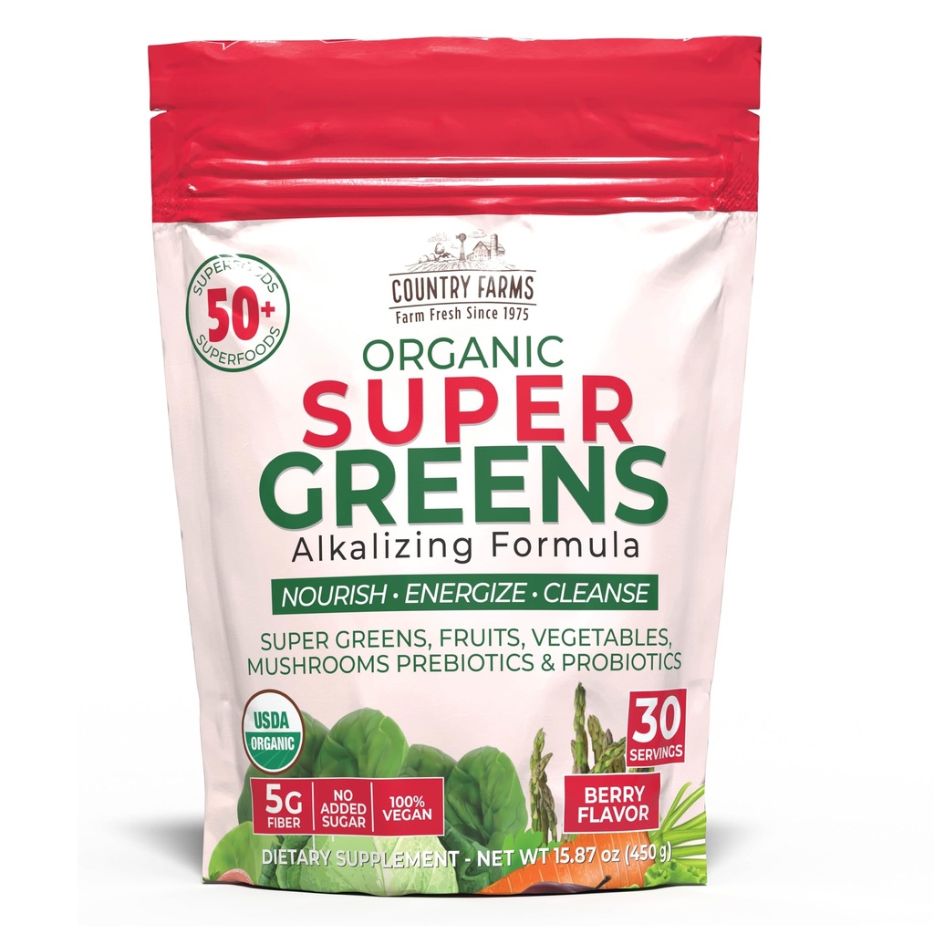 Country Farms Super Greens Berry Flavor, 50 Organic Super Foods, USDA Ekološka pijača Mix (Weat Trava, Spirulina, Klorella) Gobe in probiotiki, z Fiber, Gut Health, Natural Energy, 30 Servinges
