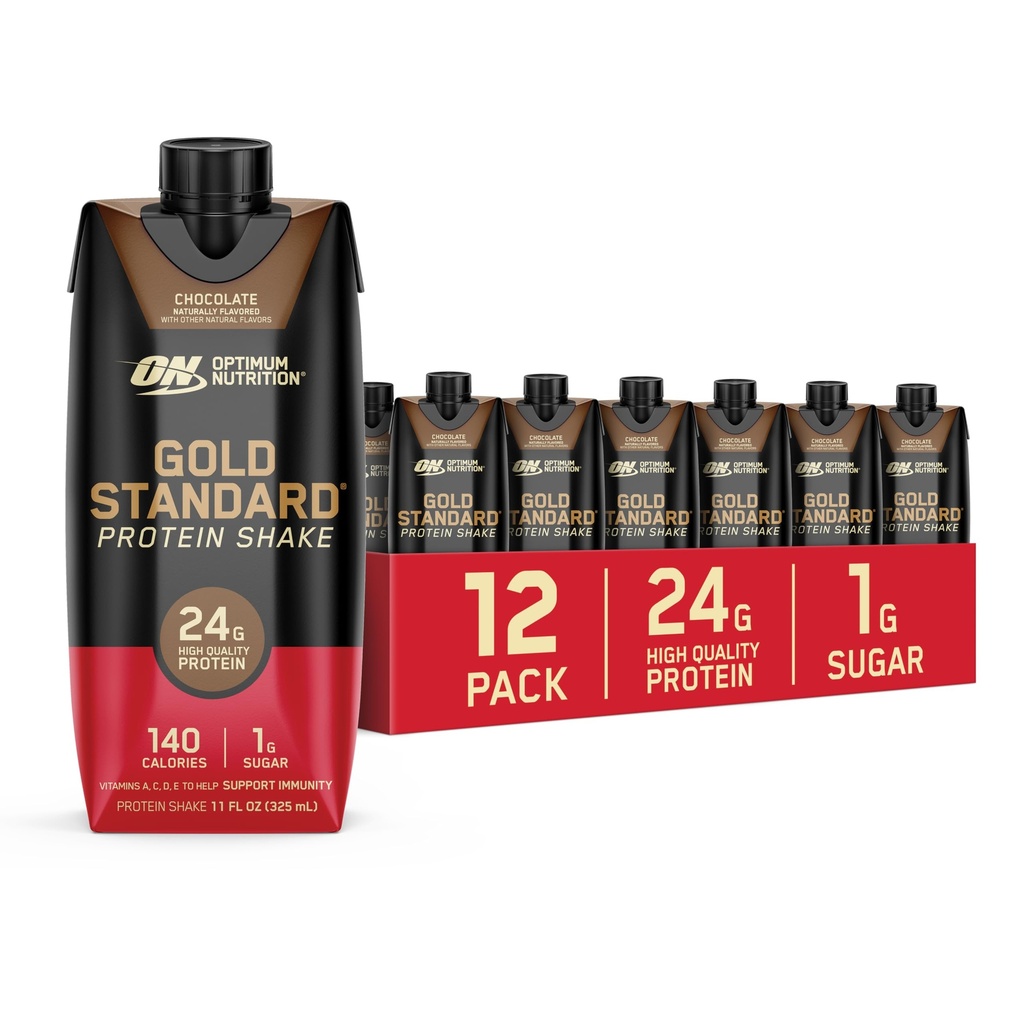 Optimum Nutrition Gold Standard Protein Shake, 24g Beljakovine, Pripravljen za pitje Beljakovinske pijače, Čokolada, 11 Fl Oz, 12 Število (Pack of 1) (Packing May Vary)