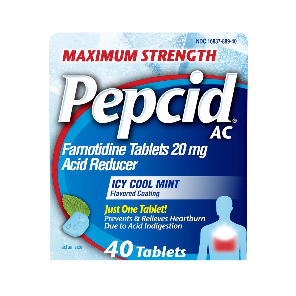 Pepcid AC maksimalna moč zgaga Relief tablete, OTC Medicine Preprečuje in sprošča zgago zaradi kislih prebavnih motenj in Sour Stomach, 20 mg Famotidin Acid Reducer, ICY Cool Mint, 40 ct