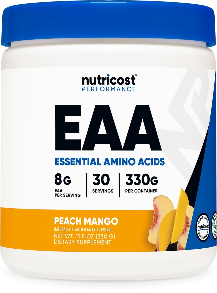 Nutricost EAA v prahu 30 servingov (Peach Mango) - Essential Aminokisline - Non-GMO, Gluten brezplačno, vegetarijansko prijazno