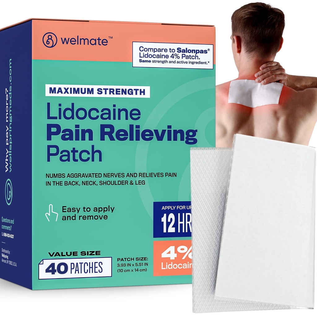 WELMATE bolečine obliži največja moč lidokain 4% topično numbing analgetik – lidokain obliži za živčne bolečine in bolečine v hrbtu, išias, vrat mišice sev, koleno, ramenski sklep, Hip, noga (40ct)
